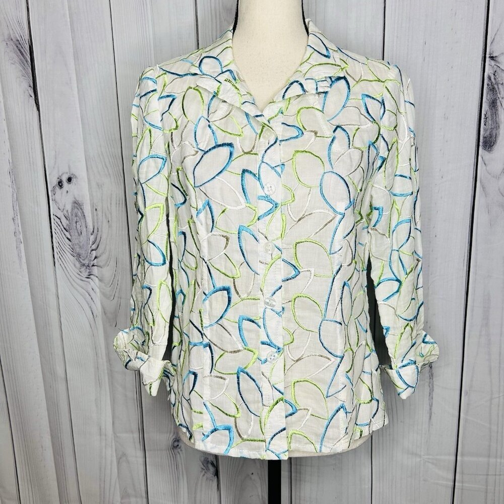 Carlisle Button Up Shirt Geometric Design Semi-Sheer Sz 4 Long Sleeve 100% Ramie